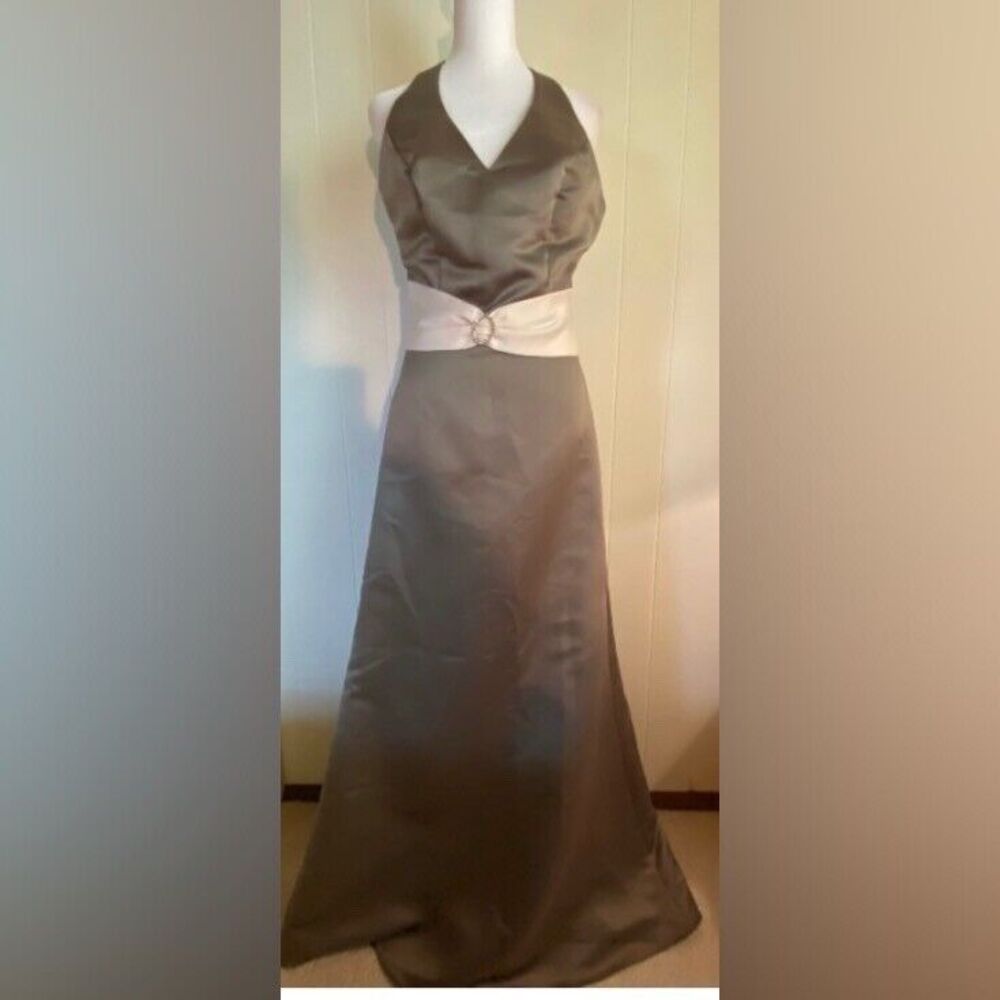 Eden Maids Dress Gown Women’s 6 Greenish Gray Ivory Sash Rhinestone Party Prom